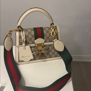 Gucci Beige and Green Shoulder Bag with Bee Accent